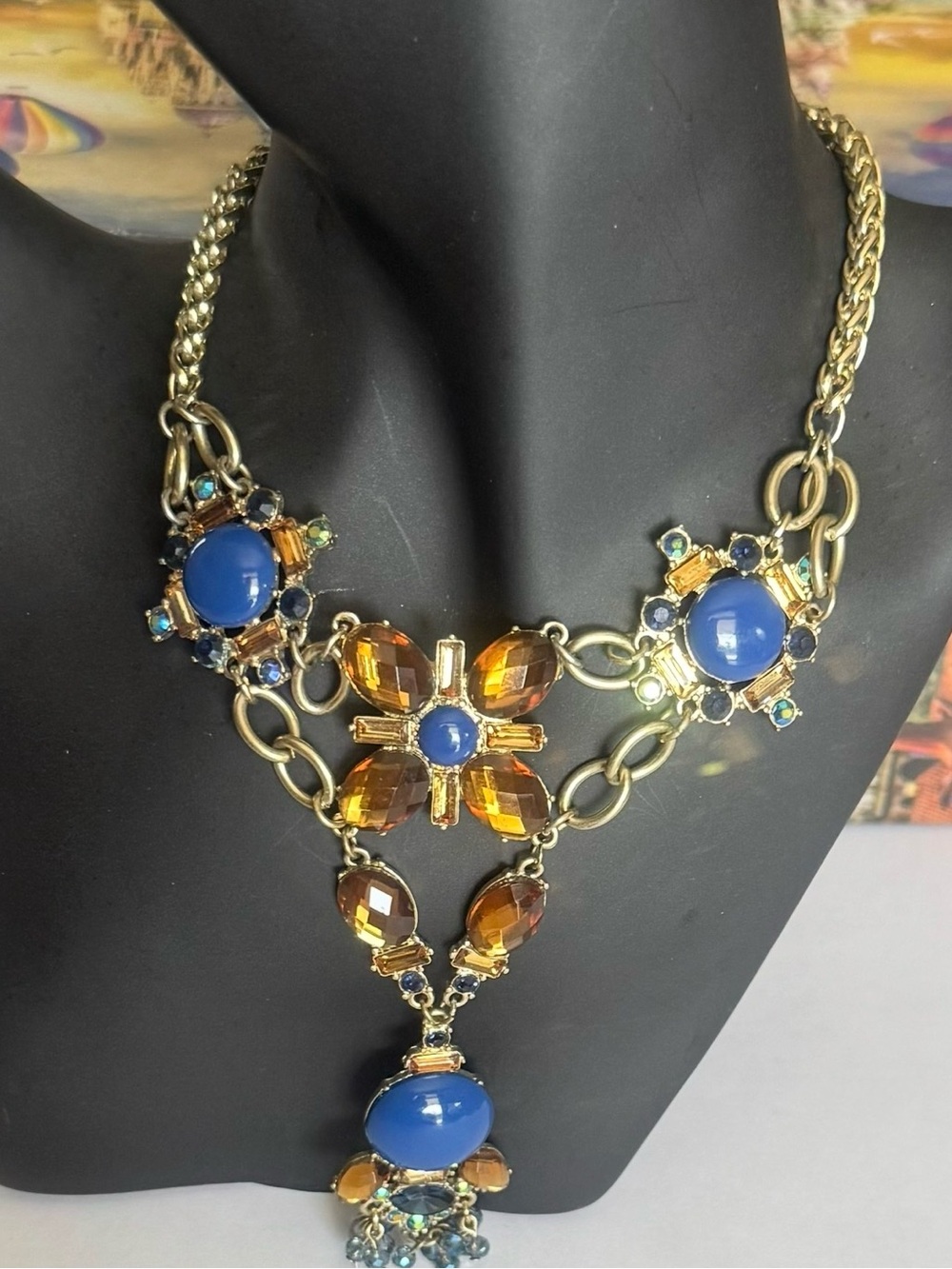 Lydell NYC navy blue and amber cabochon stone bib statement necklace